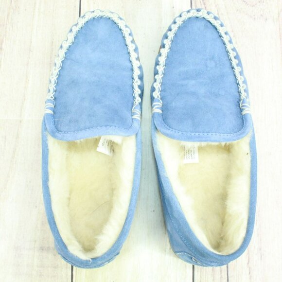 LL Bean Blue Suede Wicked Good Shearling Lined Venetian Slippers Size 8 M - Picture 7 of 9